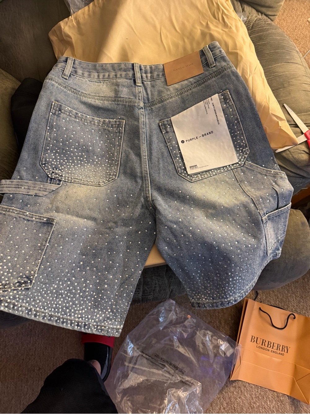 Purple Brand Men's Blue Distressed Jean Shorts with Stud Detailing